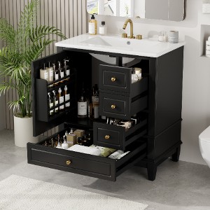 Lyngins 30" Freestanding Bathroom Vanity with Sink, Soft Close Door with Shelf & 3 Drawers, Modern Bathroom Storage Cabinet with Ceramic Sink - 1 of 4