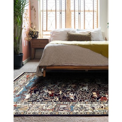 Navy Blue and Tan Rectangular Stain-Resistant Synthetic Area Rug