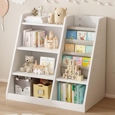 ALEXOUN Wooden Kids Bookshelf with Sling Book Rack - 4-Tier Bookcase & Toy Storage Organizer,Space-Saving Design for Toddler Room, Playroom
