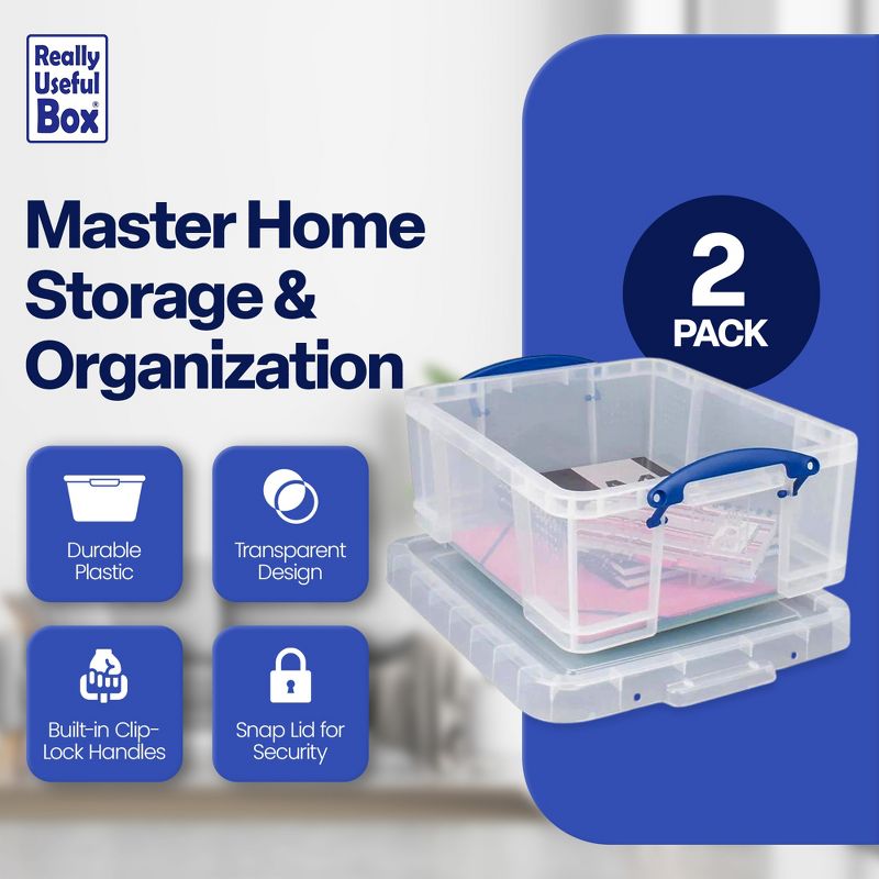 Really Useful Box 17 Liter Plastic Stackable Storage Container w/ Snap Lid & Built-In Clip Lock Handles for Home & Office Organization, Clear (2 Pack), 4 of 7