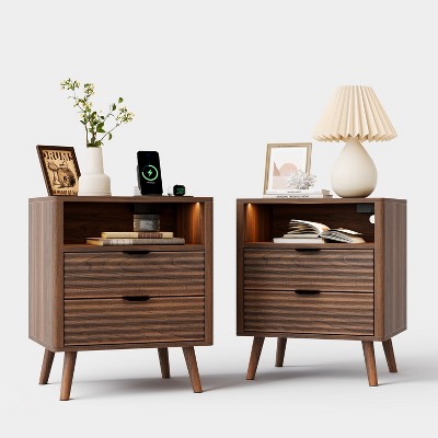 WOWLIVE Nightstand for Bedroom with LED Lights & Charging Station, Bedside Table with 2 Drawers and an Open Shelf