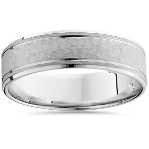 Pompeii3 Mens Hammered 14K White Gold Comfort Fit Ring Band New - 1 of 3