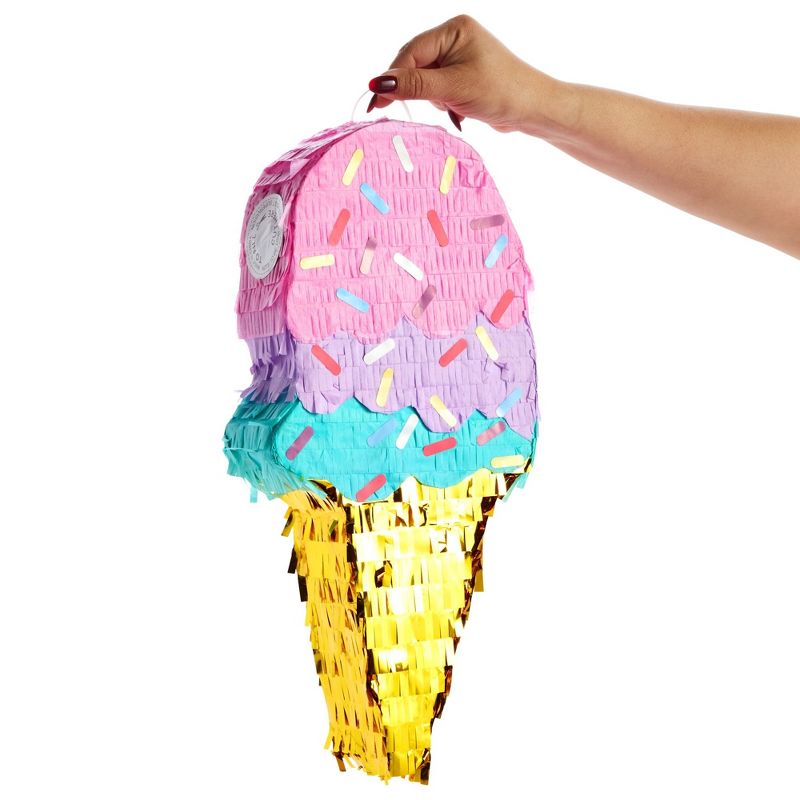 Blue Panda Ice Cream Pinata for Birthday Party, Colorful Sprinkles and Gold Foil Fringed Cone for Ice Cream Party Supplies, Small, 7.6 x 2.9 x 16.4 in, 3 of 9