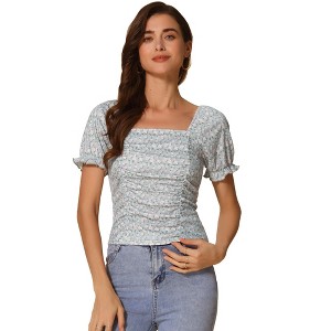 INSPIRE CHIC Women's Ruched Front Short Sleeve Floral Cropped Tops - 1 of 4