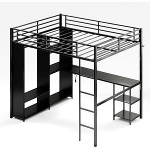 Metal Queen Loft Bed with Desk and Storage Shelves, Heavy Duty Bedframe with Wardrobe, Hanging Rod, Guardrail and Ladder, Black ,Space Saving Design - 1 of 4