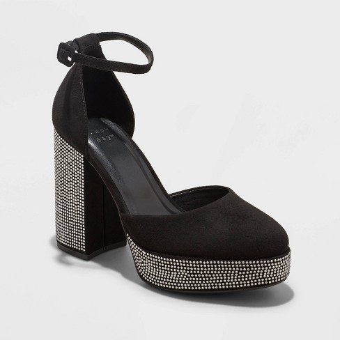 Black block hotsell heels with rhinestones