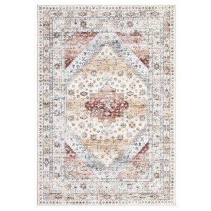 Machine Washable Floral Medallion Living Room Rugs, Indoor Vintage Distressed Bedroom Carpet, Non Slip Low Pile Floor Cover for Dining Room - 1 of 4