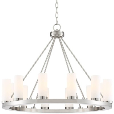 Stiffel Brushed Nickel Wagon Wheel Chandelier 29 1/2" Wide Modern White Milk Glass 12-Light Fixture for Dining Room