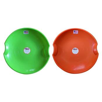 Paricon Flexible Flyer Round Flying Saucer Disc Racer Polyethylene Snow Sled Toboggan, for Ages 4 & Up, 26" Diameter, Green/Orange (2 Pack)