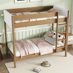 Whisen Twin Over Twin Bunk Bed with Boucle Upholstered Headboard and Footboard, Ladder, Safety Guardrails - Natural - 1 of 4