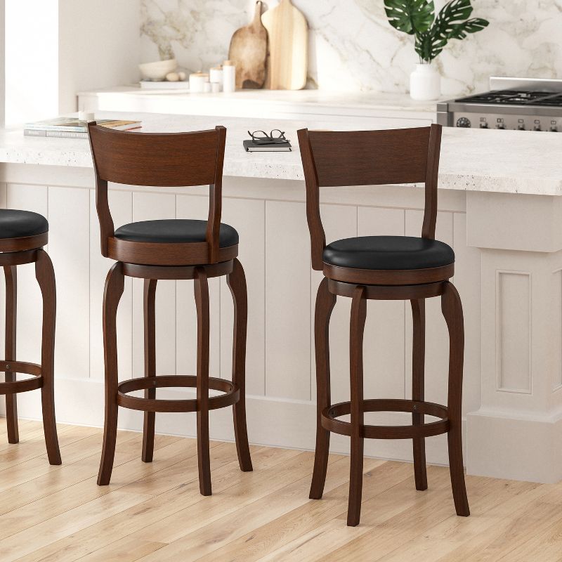 Merrick Lane 30" Classic Wooden Open Back Swivel Bar Height Pub Stool with Upholstered Padded Seat and Integrated Footrest, 3 of 12