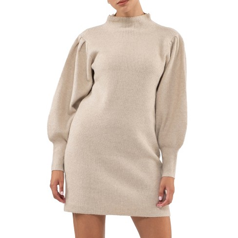 August Sky Women's Heather Mock Neck Balloon Sleeve Sweater Dress (Khaki S)