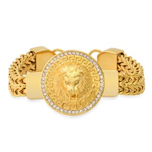 Steeltime Men's stainless steel double row wheat chain and lion head charm bracelet with greek key accents, Color Options: Silver, Gold - 1 of 4