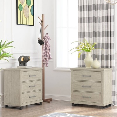 Set of 2 Beige 3-Drawer Nightstands with Metal Legs
