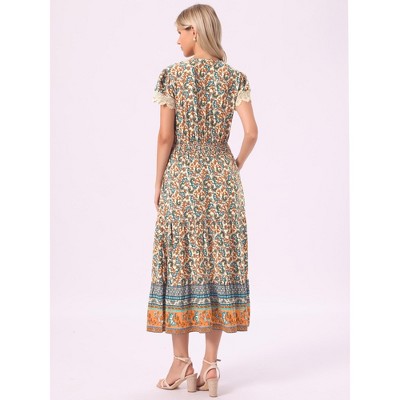 Женские платья INSPIRE CHIC Women's Boho V Neck Cap Sleeve Smocked Floral Tiered Flowy Maxi Dresses Medium Beige — фото 3