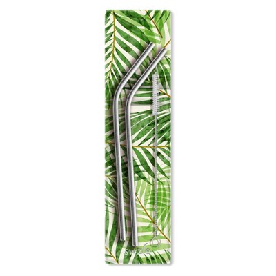 SWZLE Pack of 2 Reusable Stainless Steel Drinking Straws with Cleaning Brush and Case - Palm Leaves