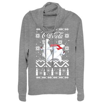 Juniors Womens Coca Cola Ugly Christmas Bear Cowl Neck Sweatshirt