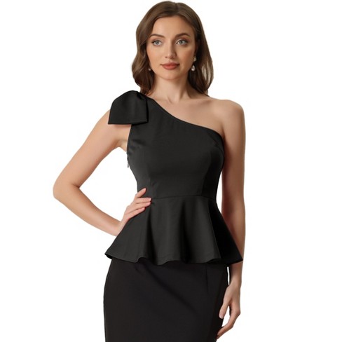 Allegra K Peplum Top for Women's Bow Ruffled One Shoulder Top Black XL