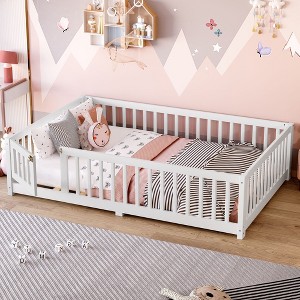 NicBex Twin/Full/Queen Kids Platform Bed Frame with Safety Guardrails & Detachable Door,Modern Floor Bed for Bedroom,Kids Room - 1 of 4