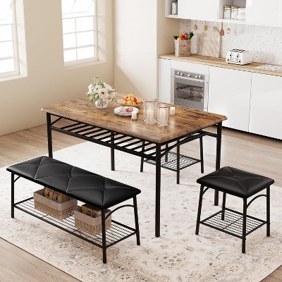 4-Piece Compact Kitchen Dining Table Set for 4,Upholstered Bench+2 Stools with Storage Shelf–Metal Frame Wood Tabletop