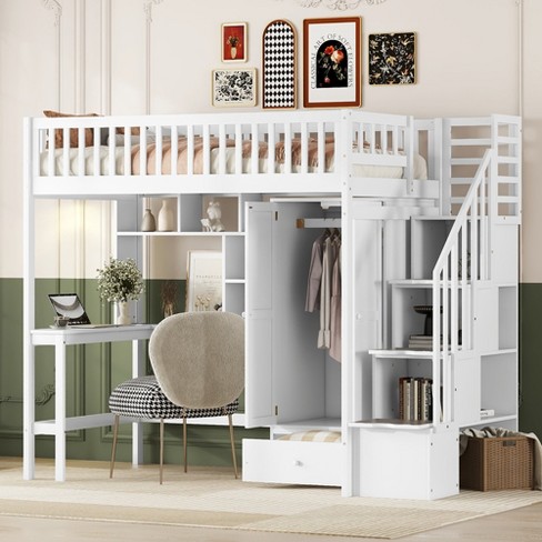 Twin Size Loft Bed With Shelf, Drawers, Desk And Wardrobe, White ...