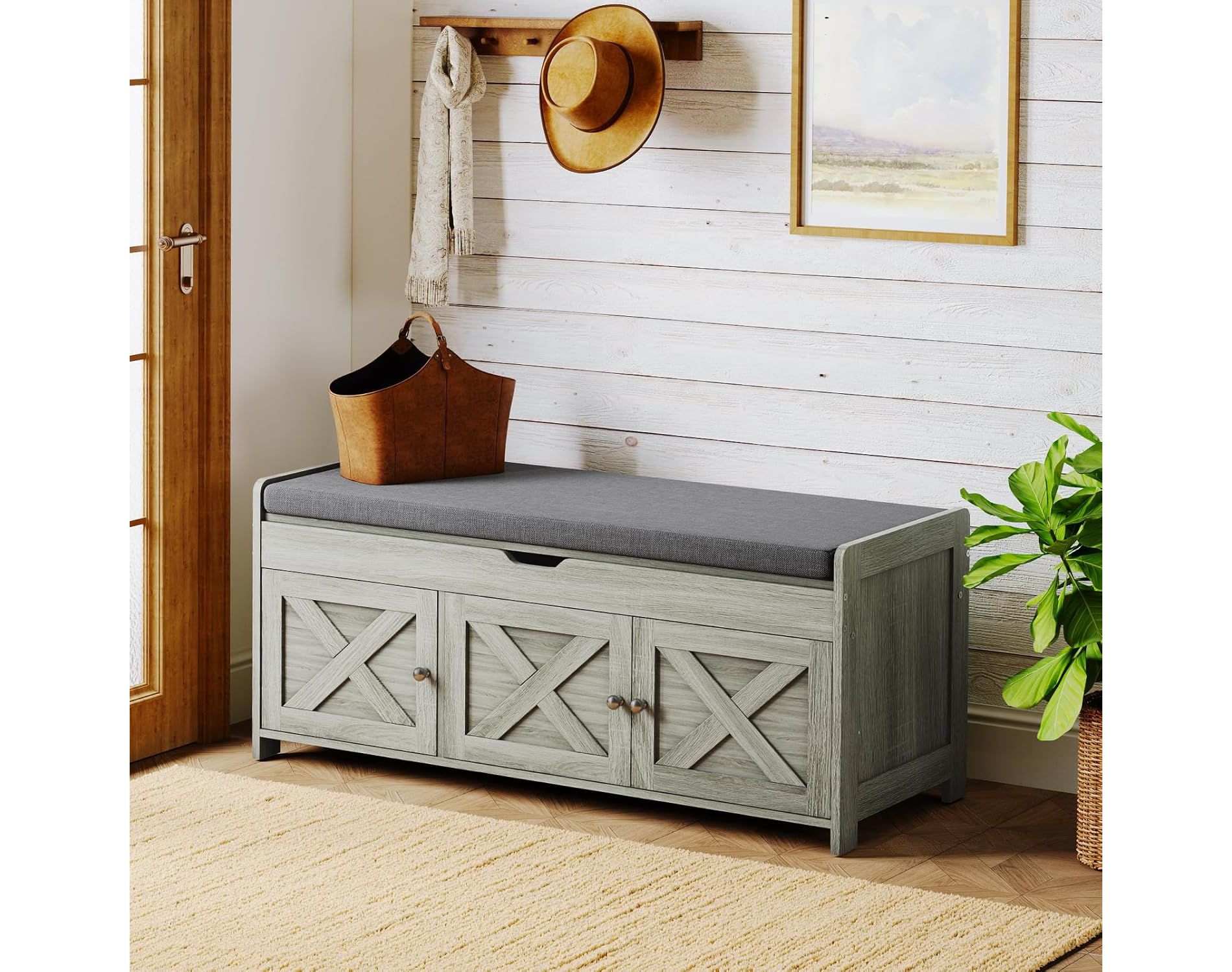 2-Tier Storage Bench with Cushion Seat & Hidden Storage Under Seat, Entryway Bench with 3 Barn Doors, Adjustable Shelf