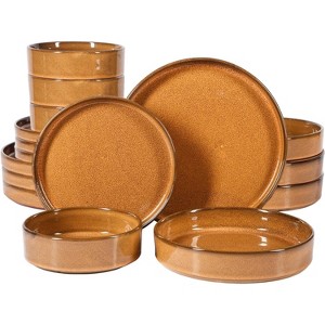 Bloomhouse Santorini Mist 16 Piece Double Bowl Terracotta Reactive Glaze Plates and Bowls Dinnerware Set - Moonstone White, Amber, Garnet Red, or Jade - 1 of 4