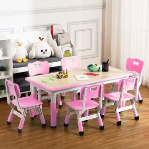 Kids Table and Chairs Set, Toddler Height Adjustable Desk with Graffiti Desktop, Arts & Crafts Table with 6 Seats - 1 of 4