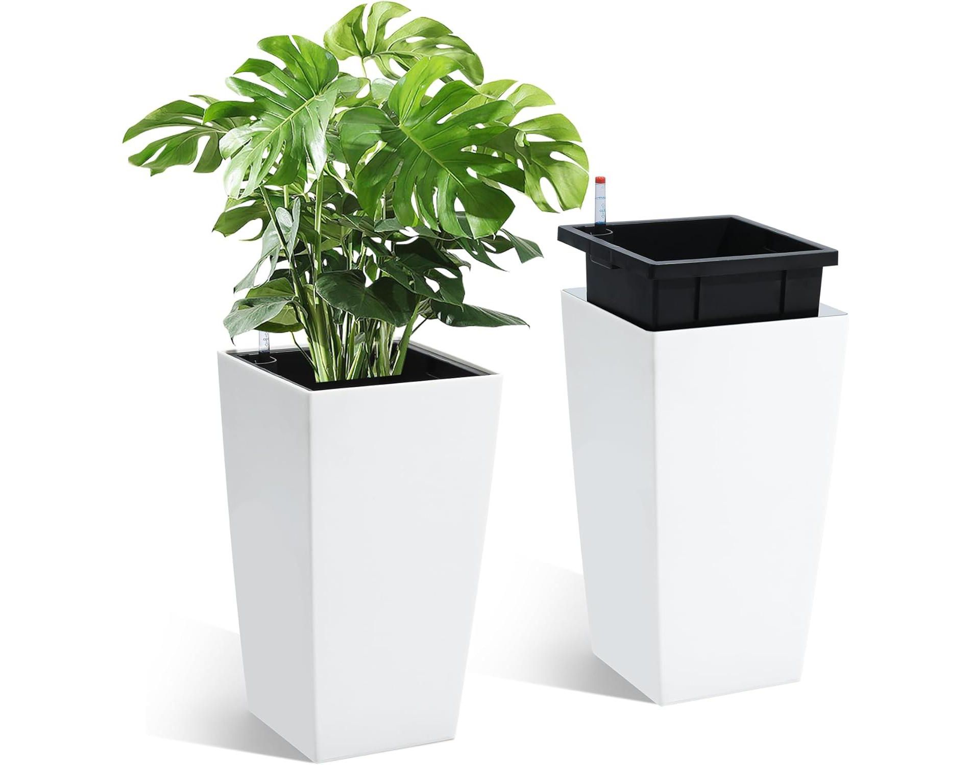 Planter Set of 2, Indoor ＆ Outdoor Black Taper Planter with Shelf Insert, Self-Absorbing Plastic Flower Pots, Large Resin Plant Pots