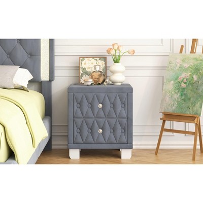 ORRD Grey Velvet Nightstand with 2 Drawers & Crystal Handles