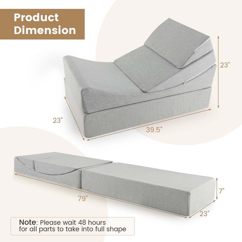 Costway 4-in-1 Convertible Folding Sofa Bed Floor Futon Sleeper Couch Chair Single Grey, 3 of 10