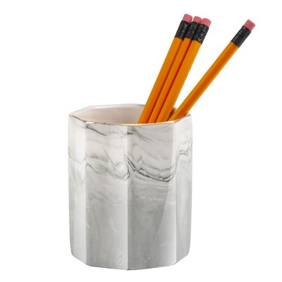 Zodaca Marble Pen Holder, Durable Ceramic Pencil Cup Desk & Makeup Brushes Organizer with Gold Trim Accent, Grey