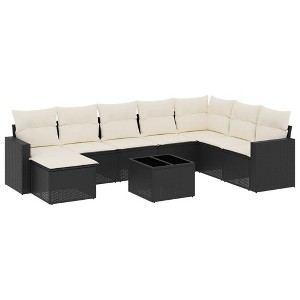 vidaXL 9 Piece Patio Sofa Set with Cushions Black and Cream Poly Rattan - With Table - 1 of 4