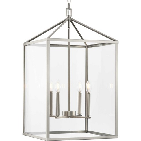 Progress Lighting Hillcrest 4-Light Foyer Light, Brushed Nickel, Clear Beveled Glass Panels, Steel Material Progress Lighting Hillcrest 4-Light Foyer Light, Brushed Nickel, Clear Beveled Glass Panels, Steel Material