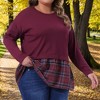 Women's Plus Size Patchwork Plaid Contrast Hem Crew Neck Long Sleeve Casual Fall Peplum Blouse - Agnes Orinda - 2 of 4