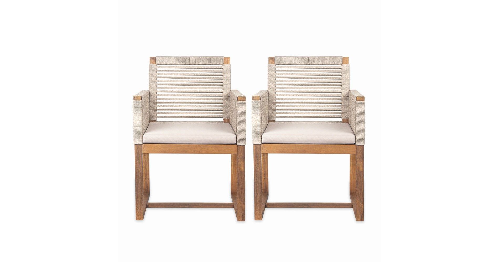 TUYOHW Acacia Wood Outdoor Dining Chairs Set of 2,Rope Design Back Patio Armchairs with Washable Cushions,400lb Capacity,Light Brown