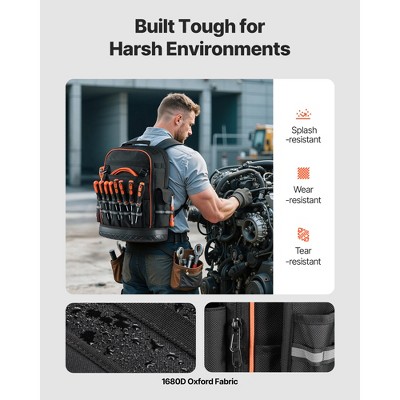 VEVOR Tool Backpack, 64 Pockets, Heavy-duty Tools Storage Organizer Work Bags with Laptop Compartment & Molded Base, Black+Orange — фото 4