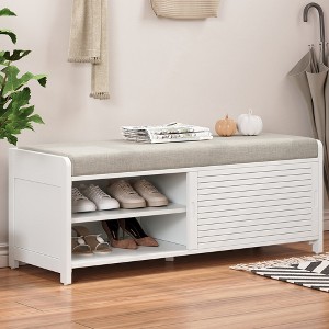 Whisen Shoe Bench with Storage and Cushion, Distressed Shutter Storage Bench - 1 of 4