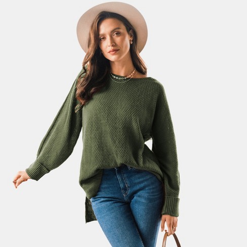 Women's Neutral Split Hem Relaxed Sweater - Cupshe-xs-dark Green : Target