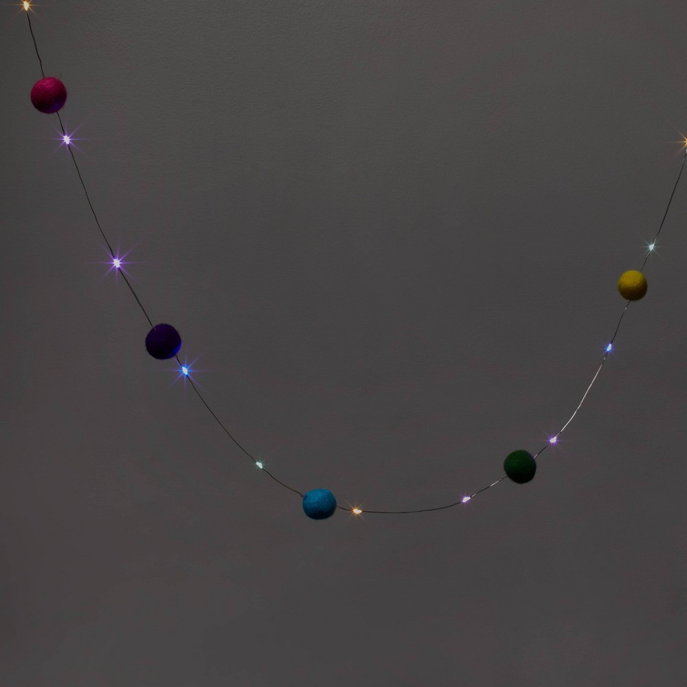 30ct Battery Operated LED Felted Wool Ball Dewdrop Fairy String Lights Multicolor with Silver Wire - Wondershop