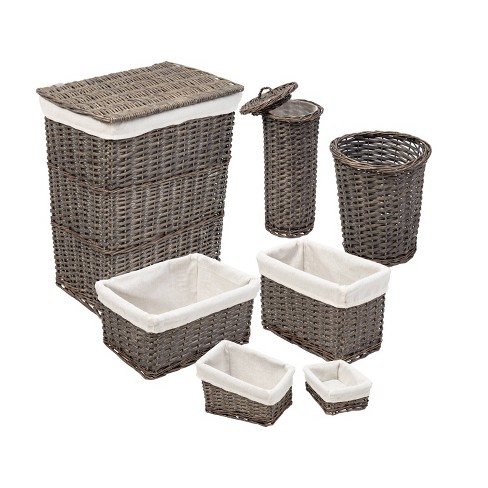 Brown Wicker 7 pc Hamper Set Laundry Storage Baskets Bins Liner Bathroom Toilet