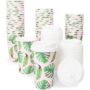 Blue Panda 48 Pack Insulated To Go Coffee Cups with Lids for Hot Chocolate, Tea, Tropical Palm Leaf Design, 16 Oz - 1 of 4