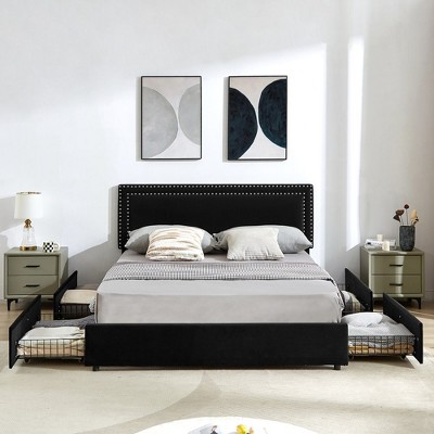 VECELO Upholstered Platform Bed Frame Platform with 4 Storage Drawers, Adjustable Velvet Rivets Headboard