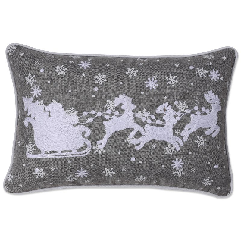 Indoor Christmas &#39;Santa Sleigh &#38; Reindeers&#39; Gray Rectangular Throw Pillow  - Pillow Perfect, 1 of 8