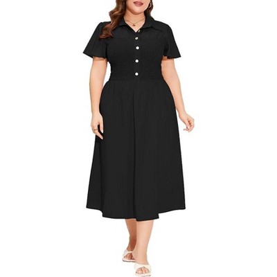 Women's Plus Size Dress Summer Button Down Smocked Midi Dress Short Sleeve Sundress