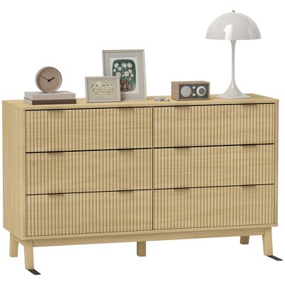 HOMCOM Fluted Dresser for Bedroom with 6 Drawers, 54" Wide Chest of Drawers with Gold Finger Pulls and 5 Wood Legs
