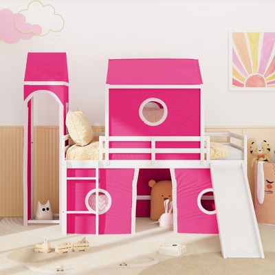 NicBex Twin Size Bunk Bed Castle Shape Loft Bed Pine Bed Frame with Movable Tower, Tent, Slide, Ladder and Guardrail, No Box Spring Required