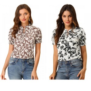 INSPIRE CHIC Women's Ruffle Tie V-Neck Casual Smocked Short Sleeve Floral Top 2 Packs - 1 of 4
