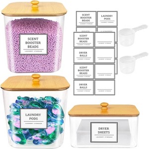 Clear Laundry Pods Storage Container with Wooden Lids & Labels, Detergent Powder Container for Laundry Room Organization - 1 of 4