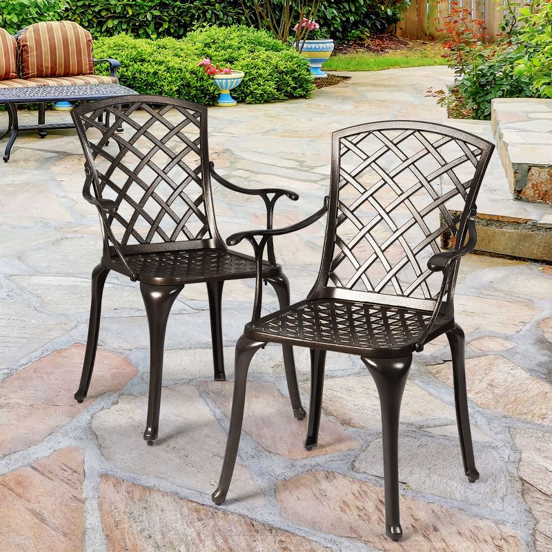 Costway Outdoor Cast Aluminum Arm Dining Chairs Set of 2 Patio Bistro Chairs, Brown, 5 of 11